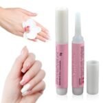 Person with fast-dry nail glue Australia Transparent color, front view, showing small bottle.