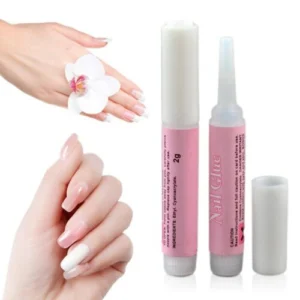 Person with fast-dry nail glue Australia Transparent color, front view, showing small bottle.
