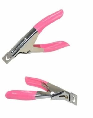 Person with acrylic nail cutter Australia Pink color, front view, showing metallic edge.
