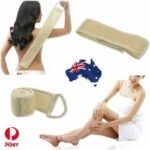 Person with exfoliating back strap Australia Beige color, front view, showing sisal texture.