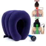 Person with inflatable neck pillow Australia Dark blue color, front view, showing U-shape design.