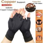 Person with arthritis compression gloves Australia Black color, front view, showing open fingertips.