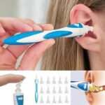 Person with silicone ear wax tool Australia Shown color, front view, showing spiral tip.