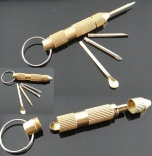 Person with 4 in 1 multi tool Australia Steel color, front view, showing screwdriver design.