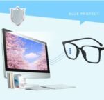 Person with anti blue light glasses Australia Multi-color, front view, showing transparent lenses.
