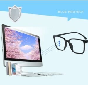 Person with anti blue light glasses Australia Multi-color, front view, showing transparent lenses.