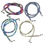 Person with ethnic eyeglass chain Australia Random color, front view, showing coarse cotton design.