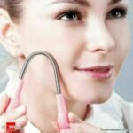 Person with facial hair removal stick Australia Black color, front view, showing spring design.