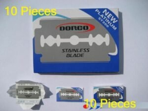 Person with Dorco ST-300 razor blades Australia Silver color, front view, showing blade pack.