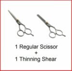 Person with hairdressing shears Australia Silver color, front view, showing regular and thinning scissors.