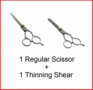 Person with hairdressing shears Australia Silver color, front view, showing regular and thinning scissors.