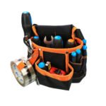 Person with electrician tool pouch Australia Orange/Black or Grey/Black color, front view, showing multiple pockets.