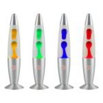 Person with volcano lava lamp Australia Silver base, front view, showing colorful wax.