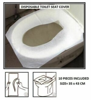 Person with disposable toilet seat cover Australia White color, front view, showing 43x35cm size.