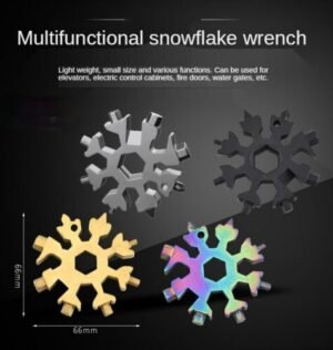 Person with multi-tool keychain Australia Silver/Black color, front view, showing snowflake design.
