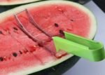 Person with watermelon slicer Australia Random color stainless steel, front view, showing blade.
