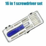 Person with mini screwdriver set Australia Silver color, front view, showing 16 bits.