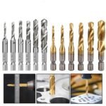 Person with tap drill bit set Australia Silver color, front view, showing hex shank.