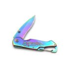 Person with self-defense knife Australia Wood color, front view, showing stainless blade.