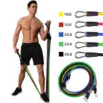 Person with resistance bands Australia Black color, front view, showing handles.