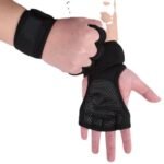 Person with weight lifting gloves Australia Black color, front view, showing anti-slip palm.