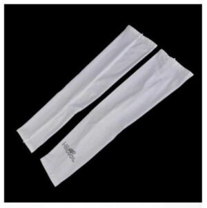Person with UV arm sleeves Australia Black color, front view, showing stretch design.