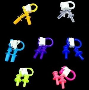 Person with swim nose clip Australia Random color, front view, showing earplugs and clip.