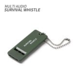 Person with survival whistle Australia Black color, front view, showing three holes.
