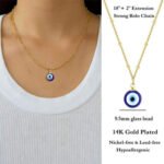 Person with evil eye necklace Australia Blue color, front view, showing amulet pendant.