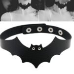 Person with Halloween choker Australia Black color, front view, showing bat design.