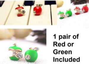 Person with rhinestone apple earrings Australia Red color, front view, showing apple shape.