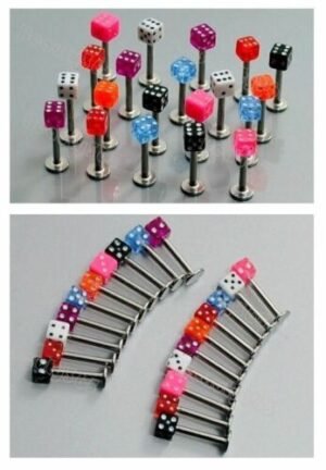 Person with dice labret piercing Australia Black color, front view, showing dice design.