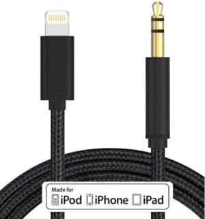 AUX cable for iPhone Australia Black color, front view, showing 8-pin to 3.5mm connector.