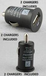 Mini USB car charger Australia Black color, front view, showing 2-port design.