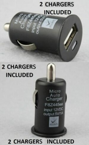 Mini USB car charger Australia Black color, front view, showing 2-port design.