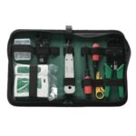 Network cable repair kit Australia Black bag, front view, showing tools.