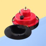 Car horn Australia Red steel, front view, showing snail design.