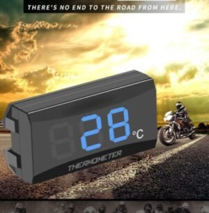 Motorcycle water temp meter Australia Black color, front view, showing LED display.