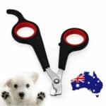 Pet nail clippers Australia Red black, front view, showing scissors design.