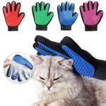 Pet grooming glove Australia Blue polyester, front view, showing rubber tips.