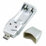 AA AAA battery charger Australia Silver plastic, front view, showing slots.
