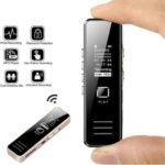 Portable digital voice recorder Australia Black metal, front view, showing buttons.