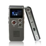 Portable voice recorder Australia Black metal, front view, showing LCD screen.