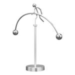 Educational Newton’s cradle Australia Silver metal figure, front view, showing balance.