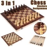 Wooden travel chess set Australia Pine board, front view, showing foldable design.