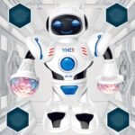 Educational dancing robot Australia White plastic design, front view, showing lights.