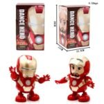 Dancing robot toy for kids Australia Iron Man doll, front view, showing lights.
