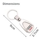A metal and leather car key ring with a brand logo design