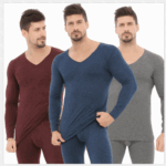 Bloke in mens thermal underwear set, front view, showing fleeced design.