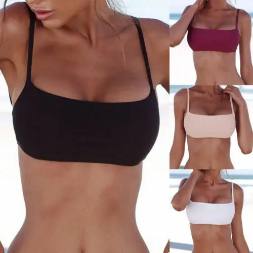 12-558-1.jpg Woman in unpadded bikini top Wine Red color, front view, showing natural fit.